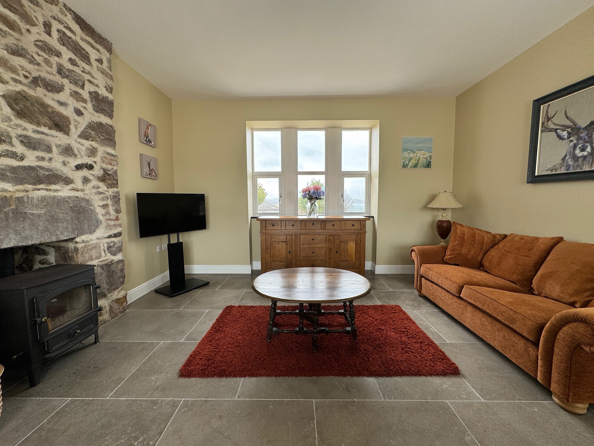 Living room with wood burner and TV